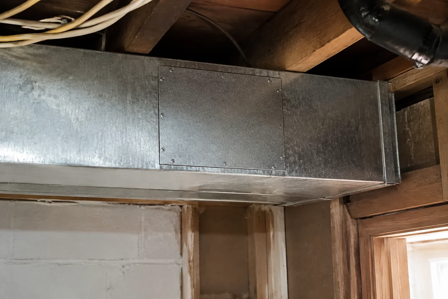 Screwed metal access cover on a rectangular basement duct.
