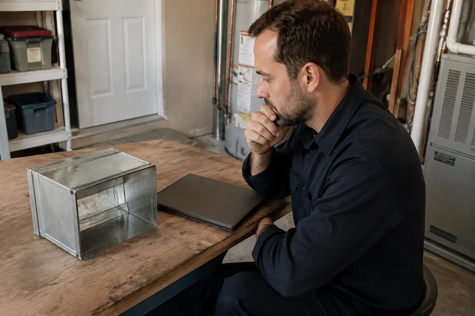 Technician seated beside a detached metal duct sample and closed folder.