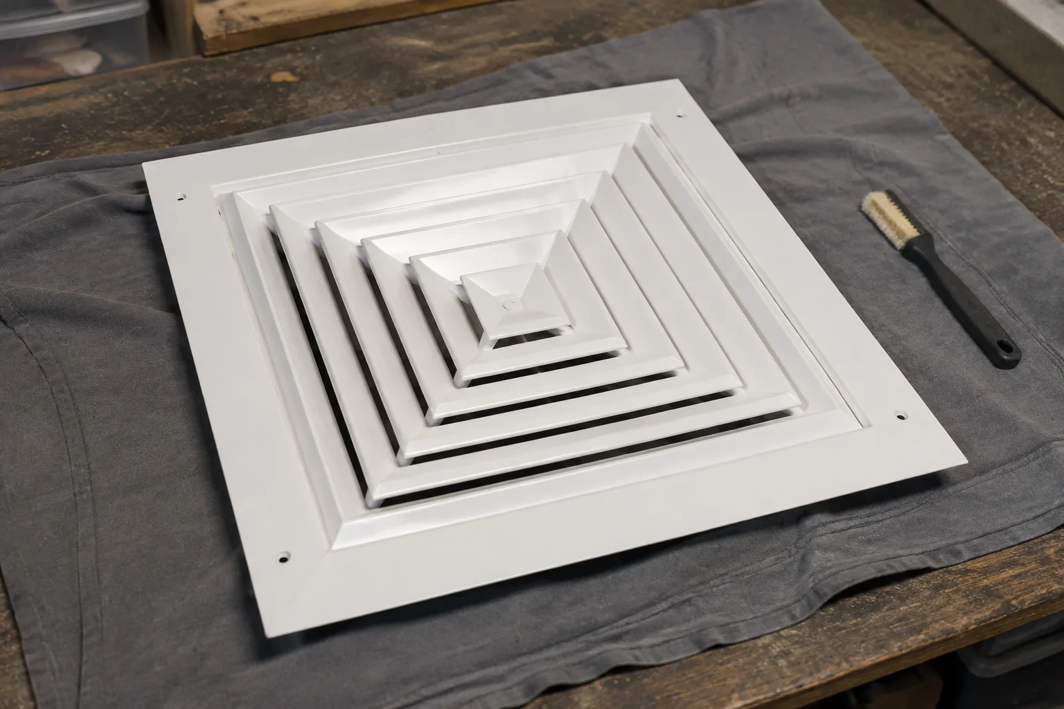 Detached square white ceiling diffuser and a small brush on a cloth-covered bench.