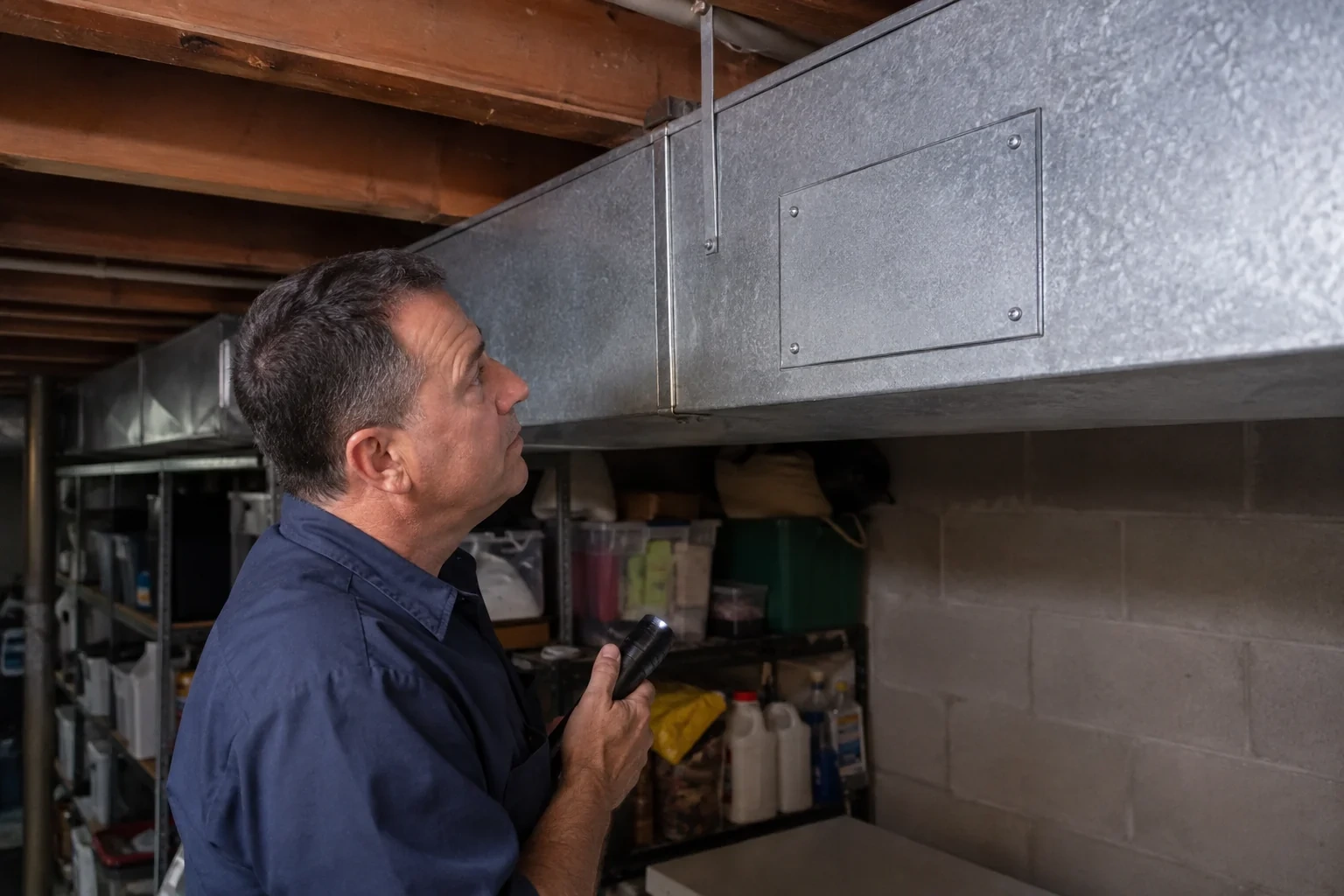Technician holding a flashlight beside a closed metal duct access cover in a basement.