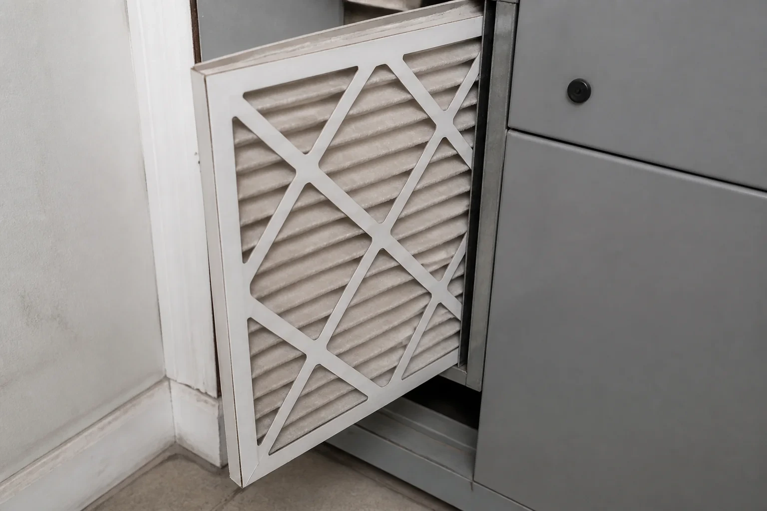 Pleated HVAC filter partly withdrawn beside a closed cabinet and metal filter rack.