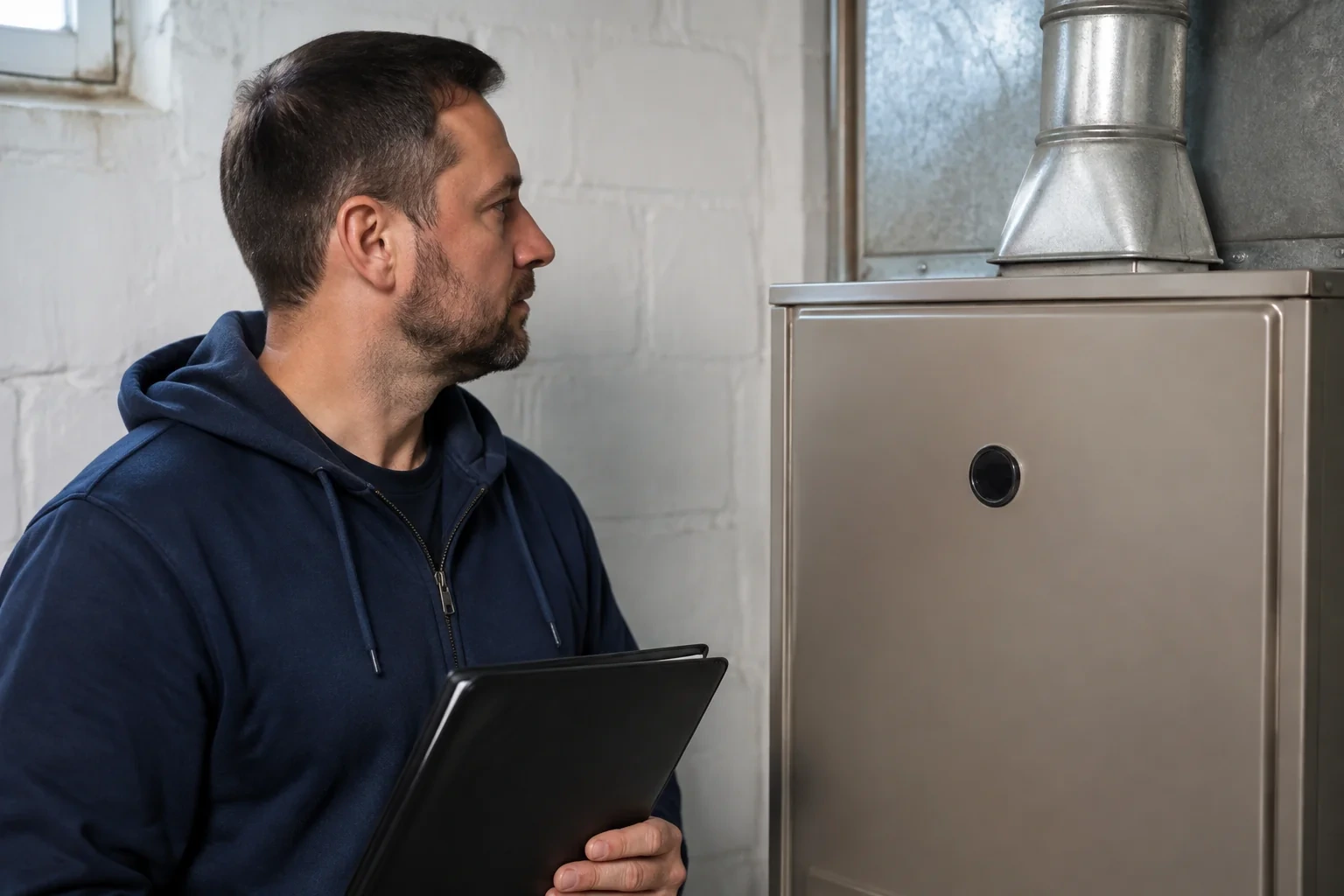 Technician holding a folder beside the upper closed furnace cabinet and vent.