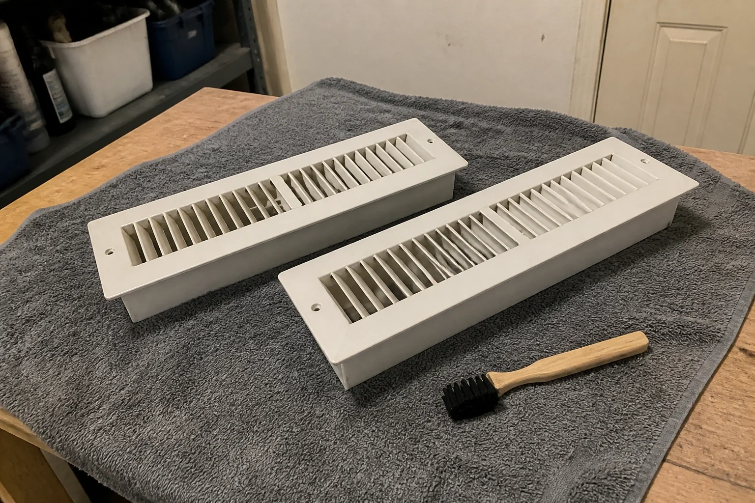 Two detached white floor registers and a small hand brush on a cloth-covered bench.