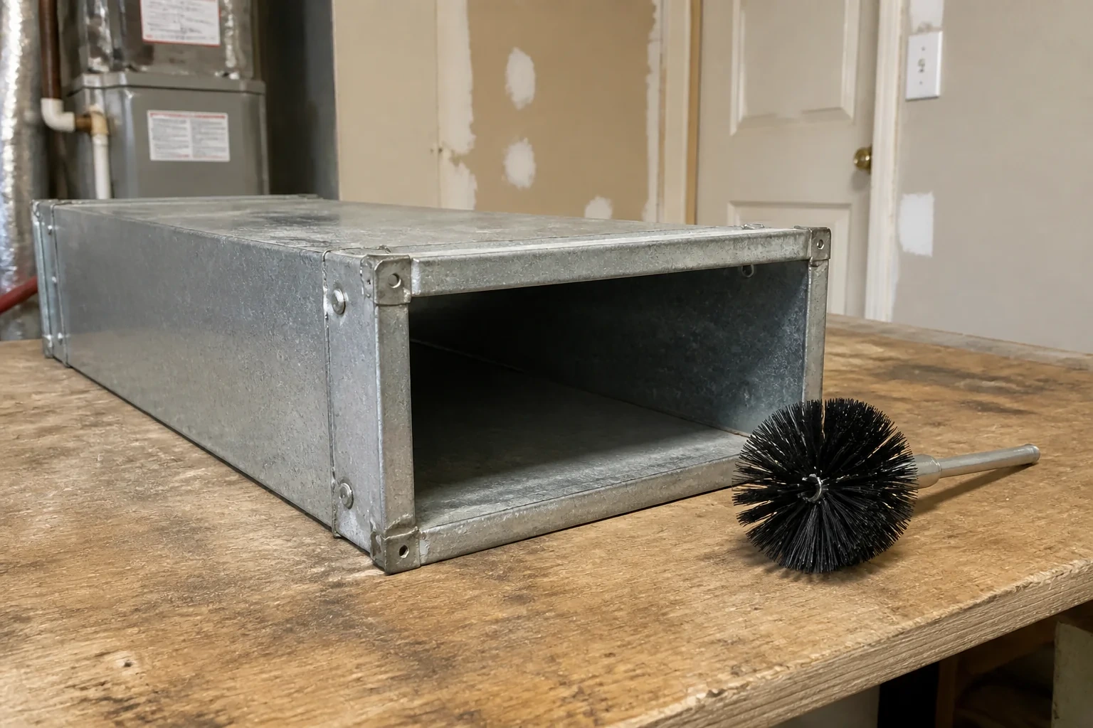 Detached rectangular metal duct section and a round brush on a workbench.