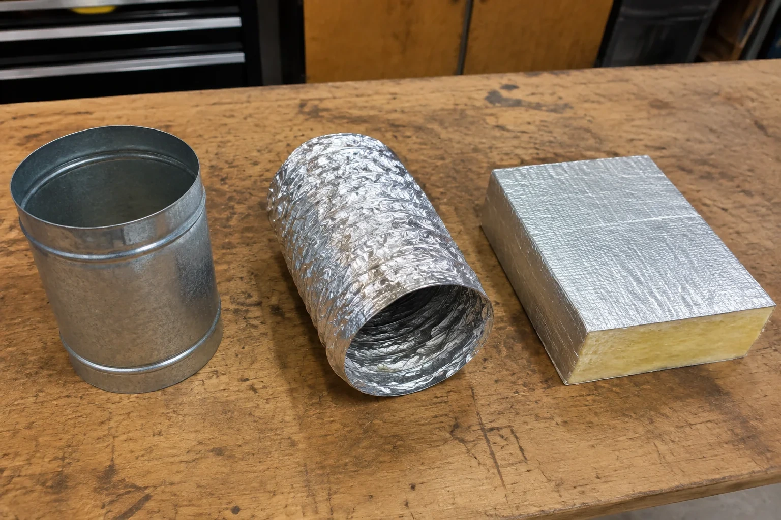 Rigid metal duct, flexible duct and a foil-faced fibrous panel sample on a bench.
