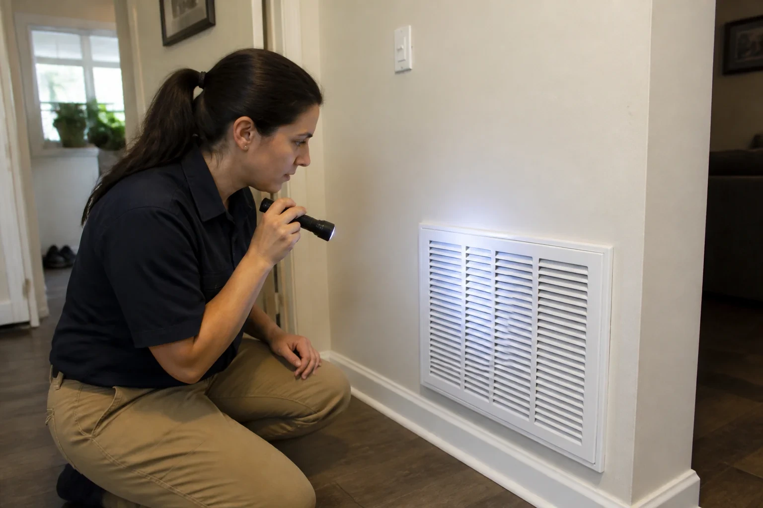 Technician using a flashlight to look at a white wall return grille.