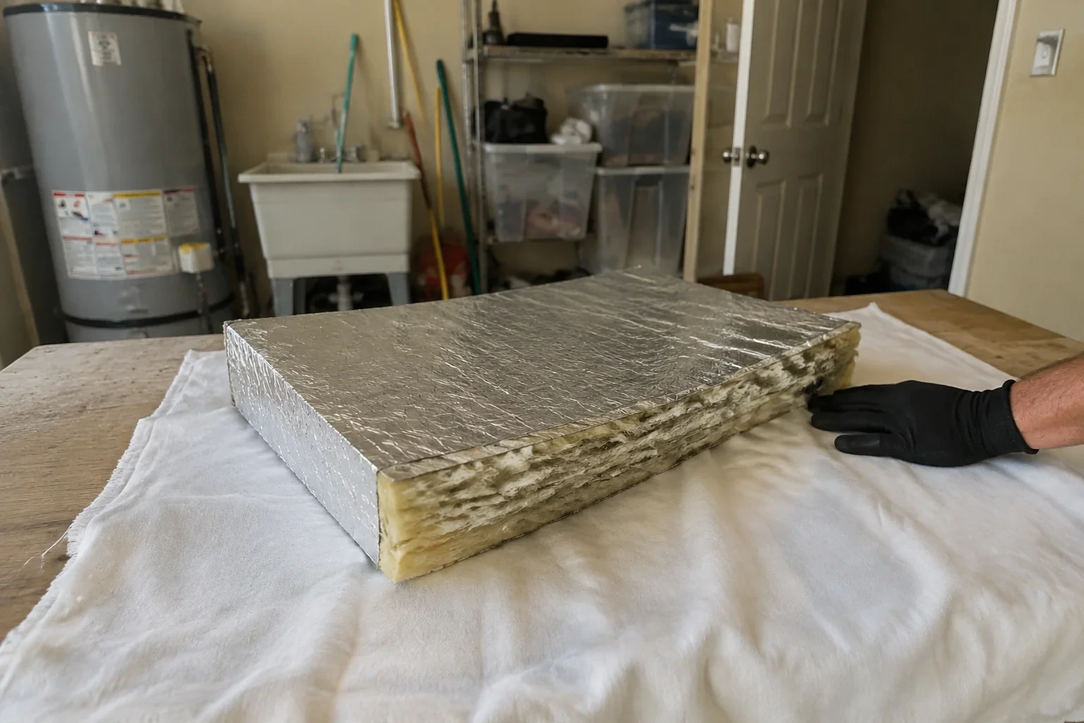 Foil-faced fibrous panel sample on a protective cloth beside a gloved hand.