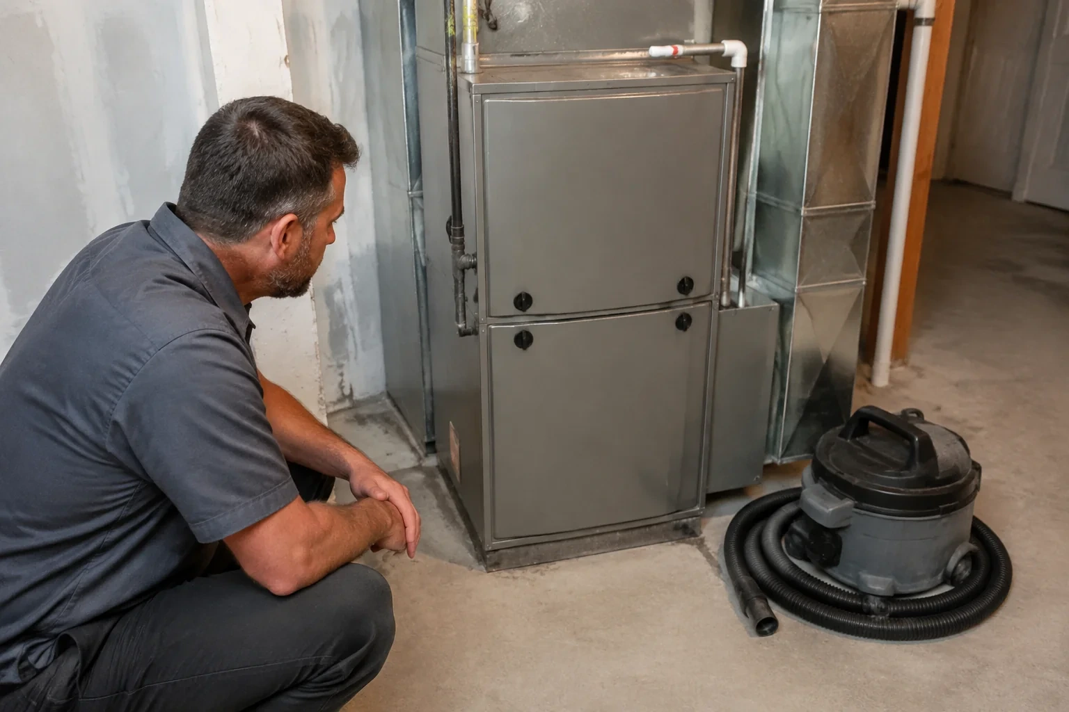Technician beside a closed HVAC cabinet and a compact vacuum with coiled hose.